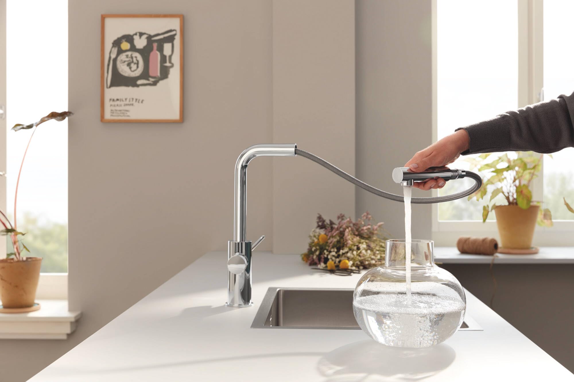 Grifo Grohe Blue Pure Minta para fregadero de cocina, con caño extraíble, con filtro de 5 fases tamaño S y contador de litros, cromo