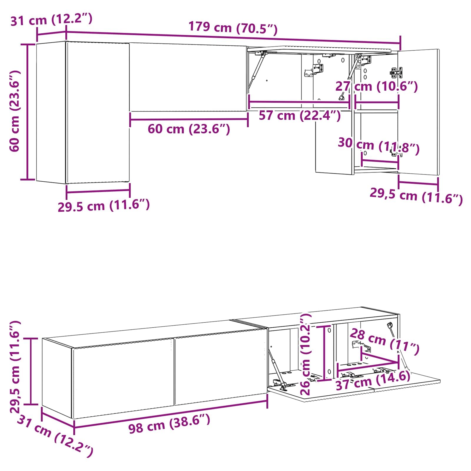 Ensemble Meuble TV 4 pièces Gris béton en Bois d'ingénierie, Montage Mural avec étagères, tiroirs et Portes, Rangement pour Salon séjour multimédia, Console et Support Audio vidéo