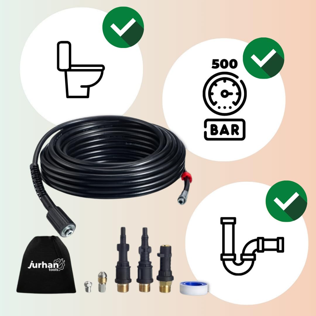 Kit de nettoyage de canalisations (15 m) – Kit avec 3 adaptateurs – Tuyau de nettoyage de canalisations haut pression de haute qualité