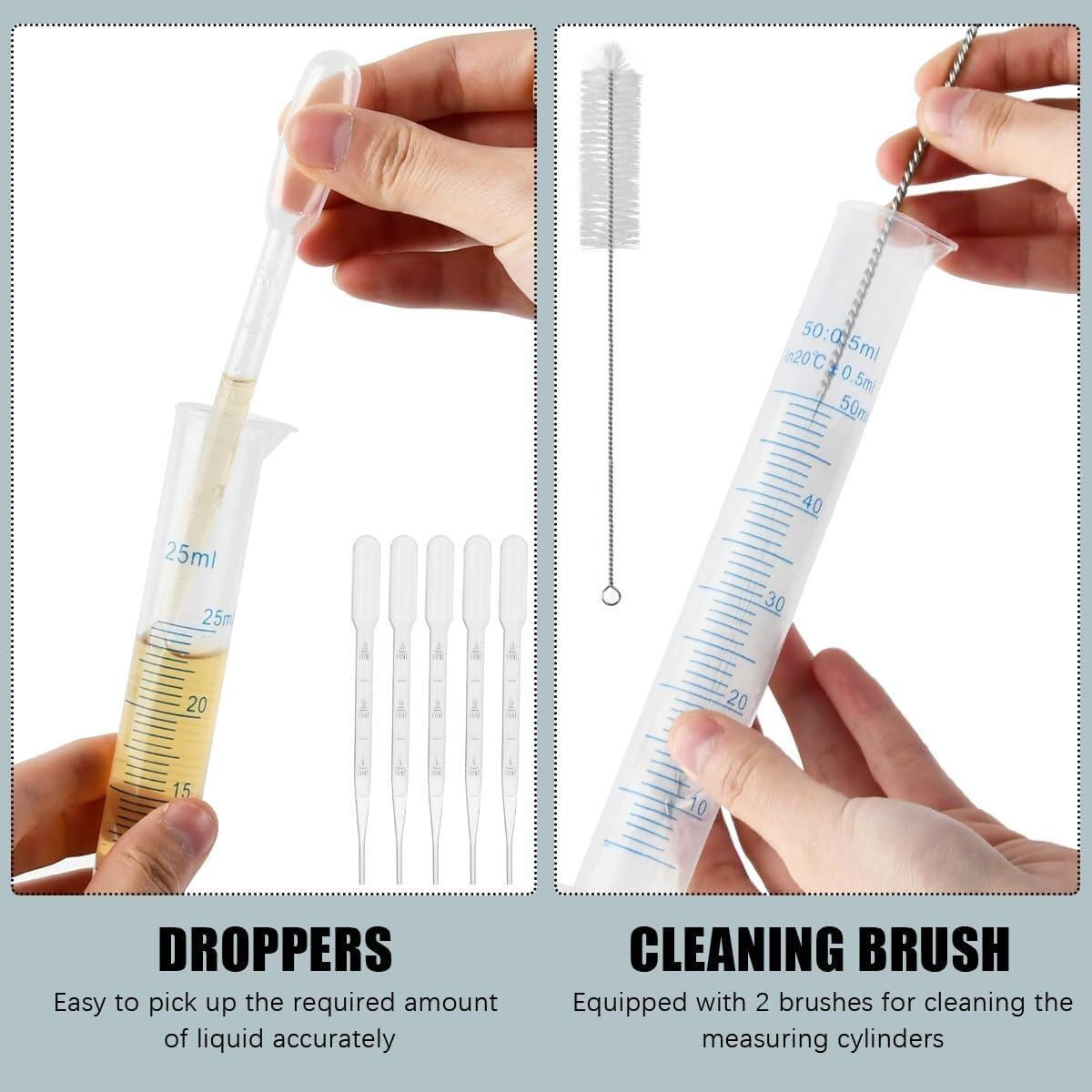 Set de Cilindros de Medida 15 Piezas, Cilindros Graduados de Plástico y Vasos con Pipetas y Cepillo para Laboratorio y Cocina
