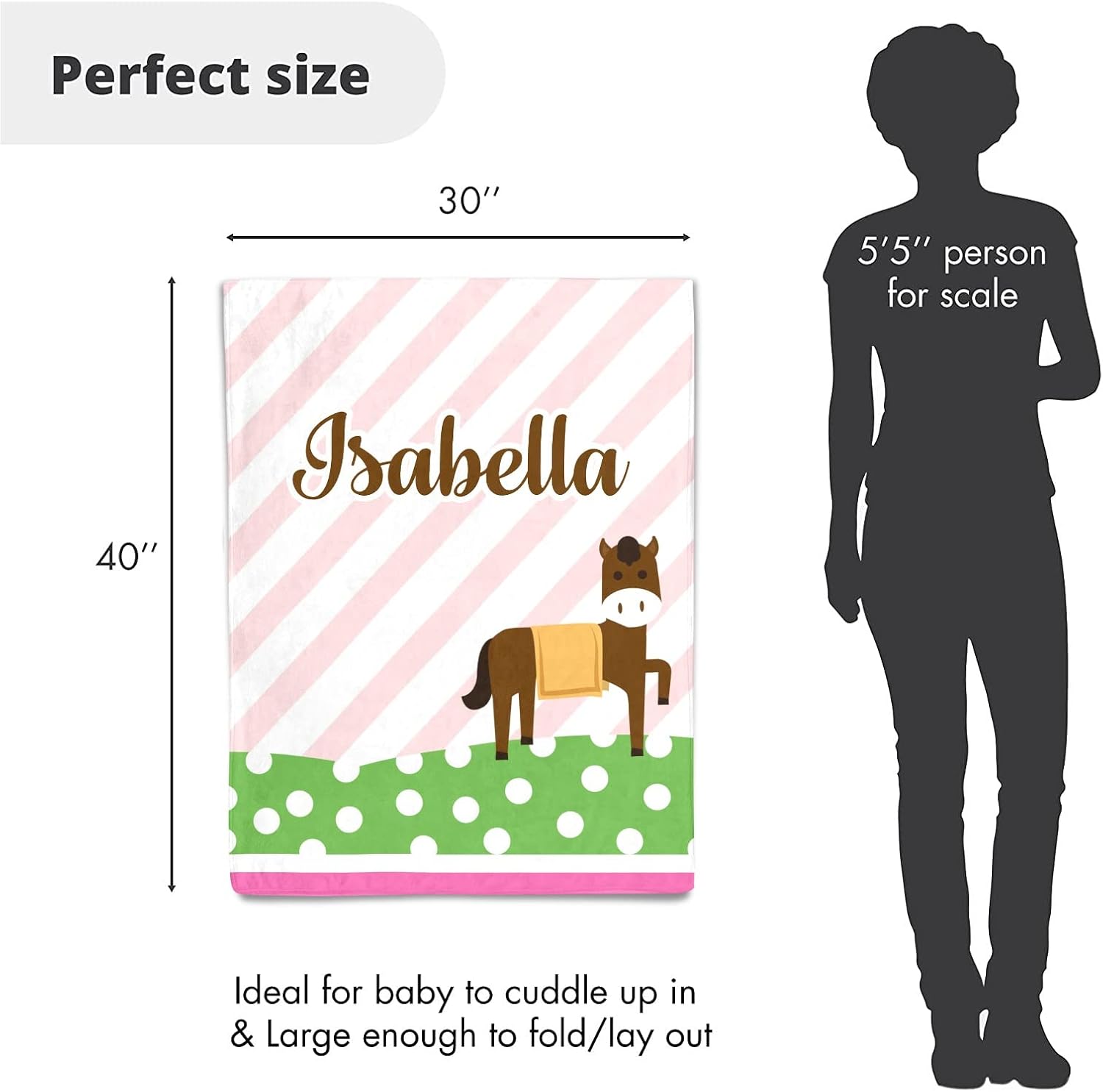 Horse Cute Dots Striped Personalized Receiving Baby Blankets for Girls Boys Kids with Name,Customized Swaddle Blankets Gift for Newborn Crib Infants 30x40 Inches