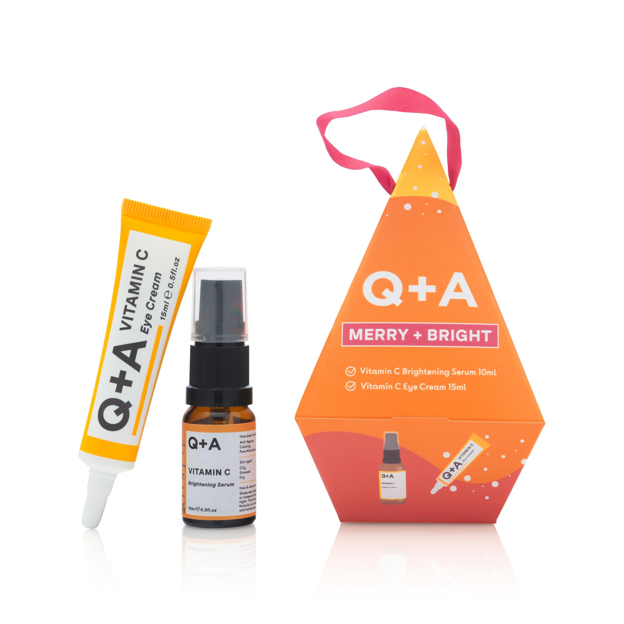 Q+A Merry + Bright zestaw upominkowy, witamina C Skincare Duo, serum rozjaśniające (10 ml) i krem pod oczy (15 ml), wzmacniający blask prezent dla nawilżonej, świecącej skóry, wypełniacze pończoch