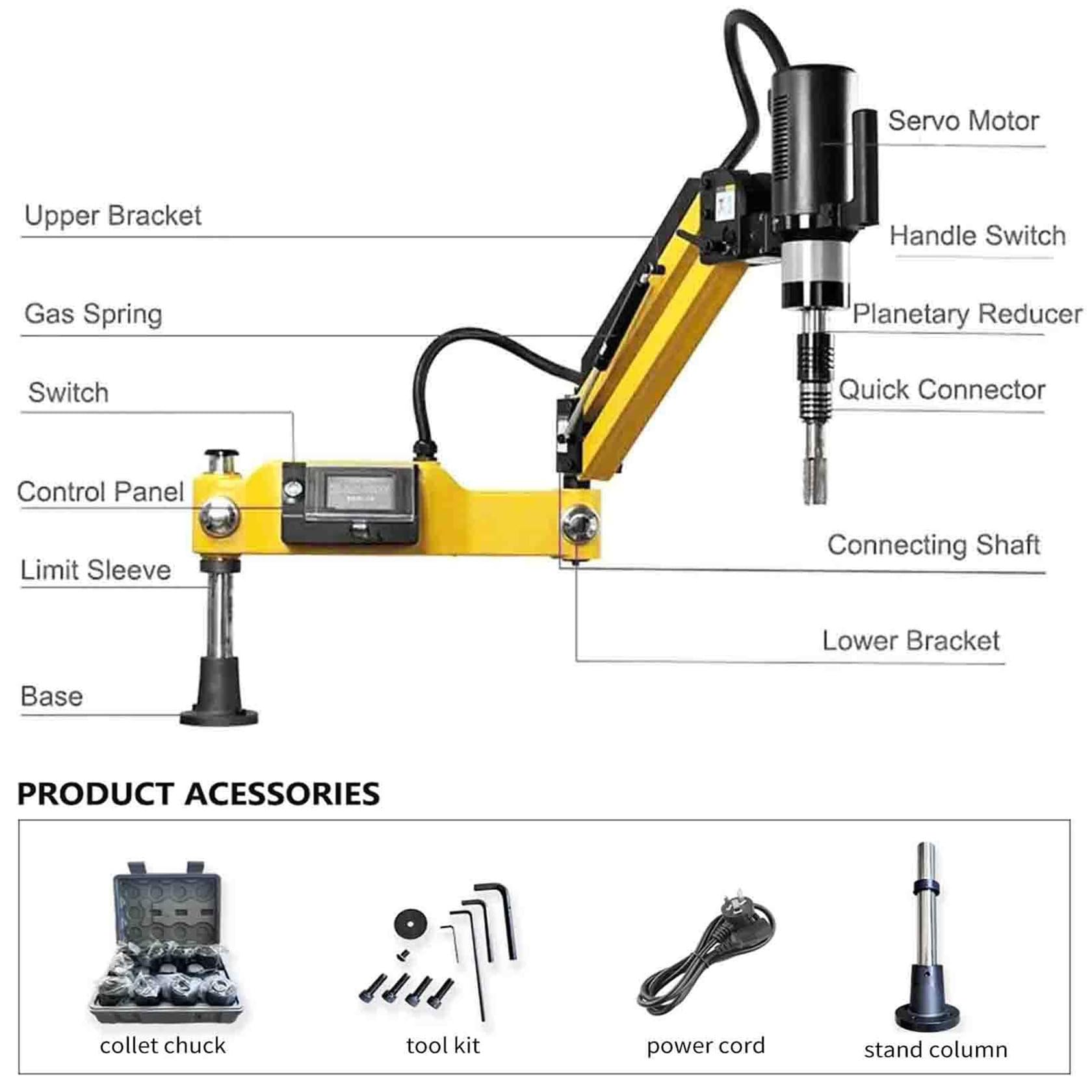 Maschiatrice elettrica di precisione, maschiatrice pneumatica a 360° con braccio flessibile universale, pinze per rubinetto M3-M16 incluse, 8 pinze standard per foratura e filettatura
