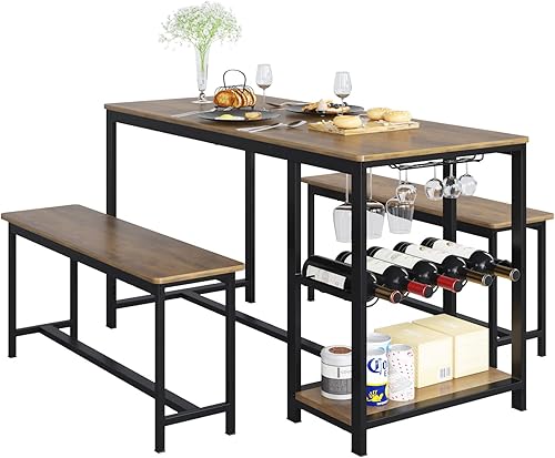 HITHOS Juego de mesa de comedor de 3 piezas mesa de comedor de madera rústica con bancos para 4 mesa de rincón de desayuno con estante para vino y