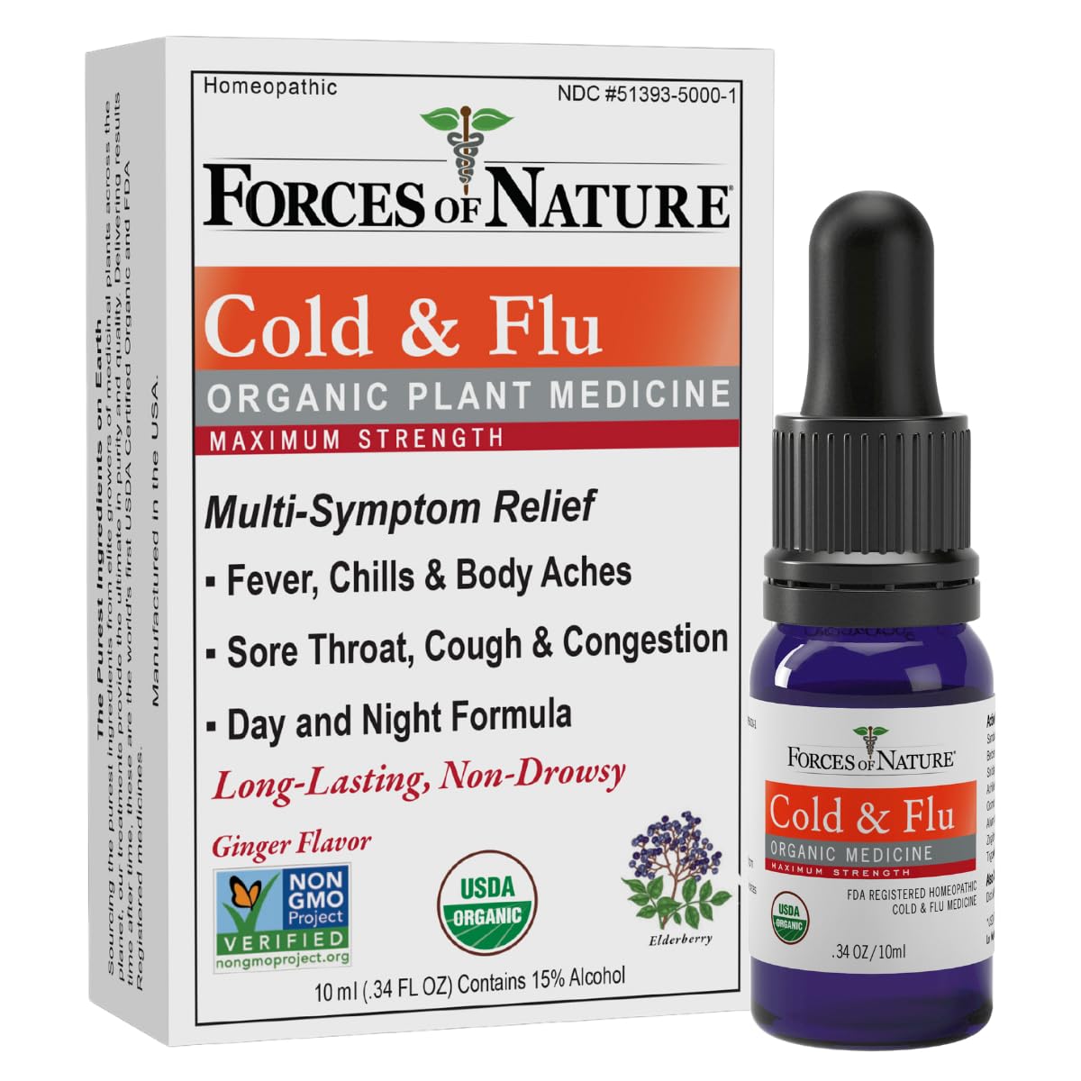 Forces of NatureCold & Cough Relief, Organic Homeopathic Medicine for Cough, Congestion, Body Aches, Headache, Chills & Fatigue, Maximum Strength, Non-Drowsy Formula, 10ml (0.34 fl oz)USDA Organic