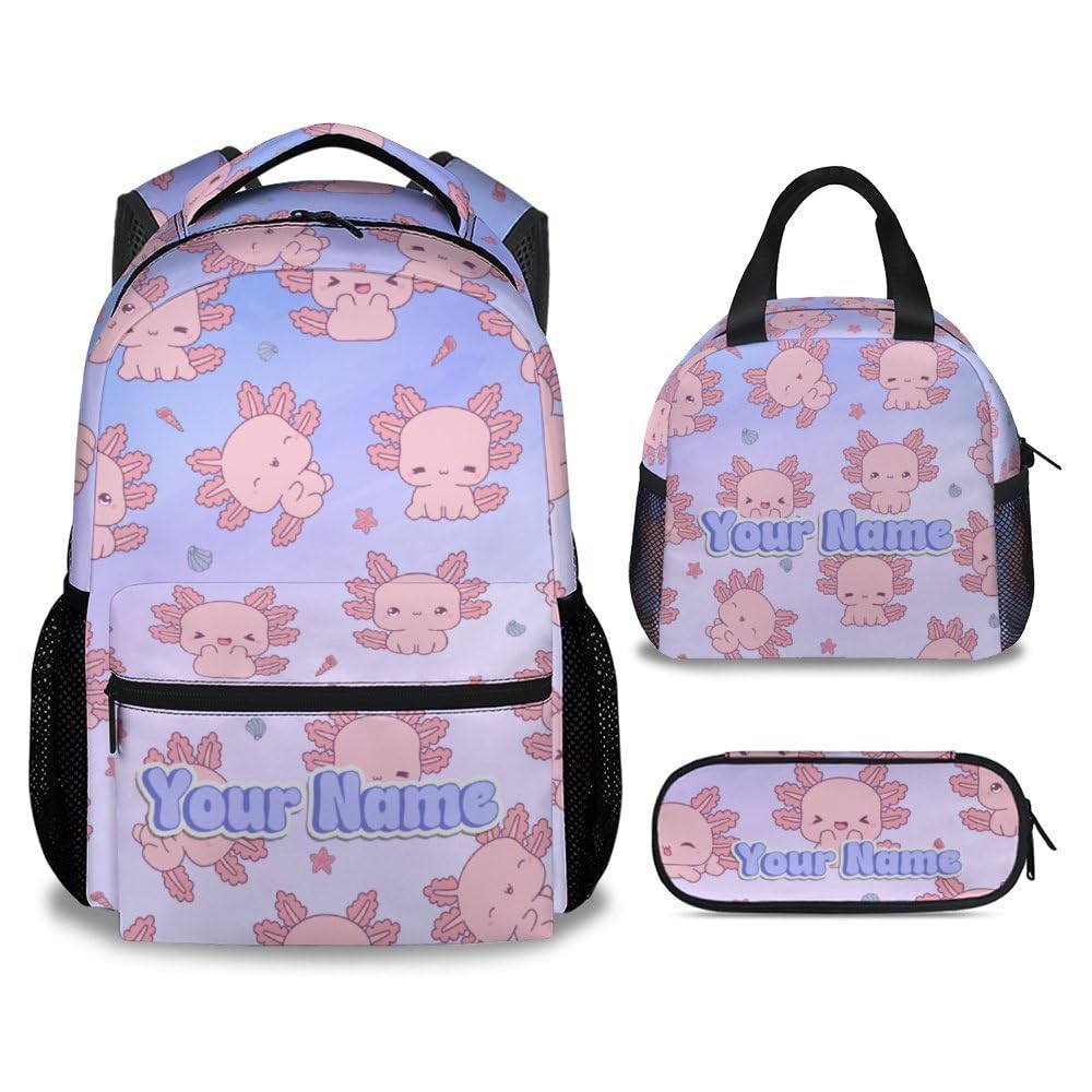 COZYAURA Personalized Backpacks for Girls - 3Pcs Cute Bookbag for Kids - Axolotl School Bag for Girls - Kids Backpacks with Lunch Box Pencil Case Set