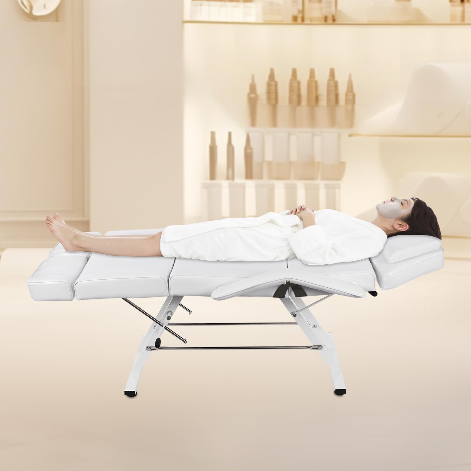 Facial Chair Esthetician Table, Multi-Purpose Tattoo Salon Chair Professional Split Legs Multi-use Massage Table Spa Chairs with Adjustable Buckles & Armrest for Salon Beauty (White+Split Leg)