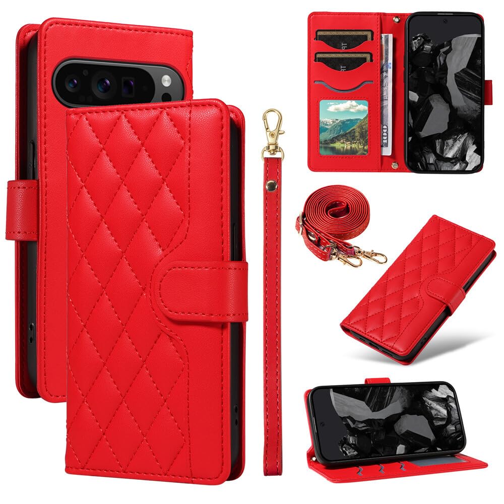 Étui portefeuille cuir rouge Google Pixel 9 Pro XL sangle housse - 8