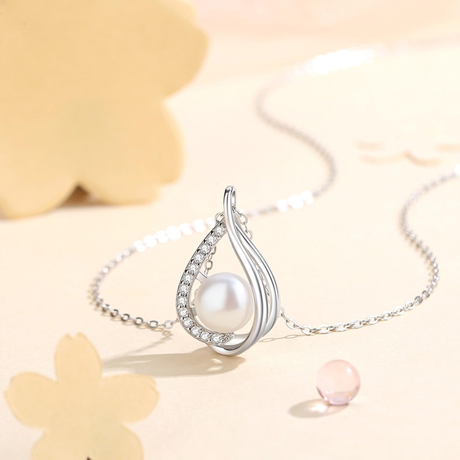 Collares de oro blanco para mujer, lágrima hueca de oro blanco de 9K/14K/18K con perla y colgante de moissanita, cadena Rolo: 40+5cm
