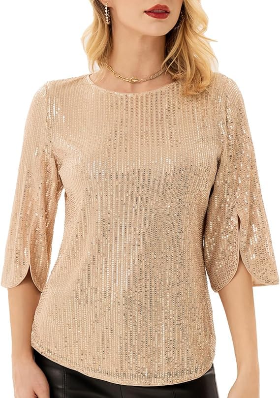 pink wings Women Sequin 3/4 Sleeves Top-picture-18