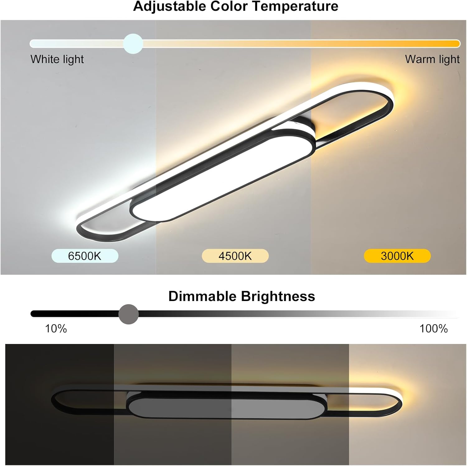 Qcyuui Modern LED Ceiling Light Linear Ceiling Light Dimmable Acrylic Ceiling Lighting Fixture with Remote Control for Kitchen Dining Room Cloakroom Hallway, Black(45W/43.3in L)