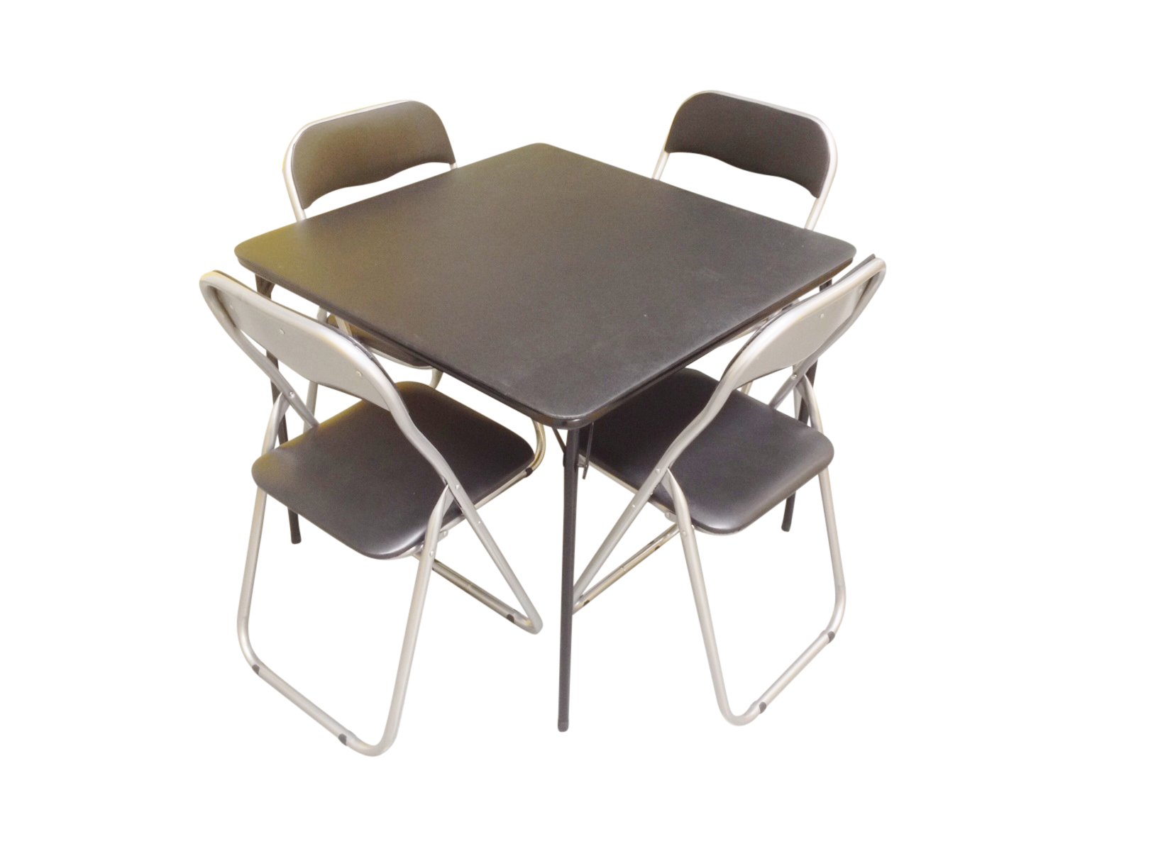 Standard Bridge Card Game Table Folding Legs + 4 Padded Metal Folding Black Chairs