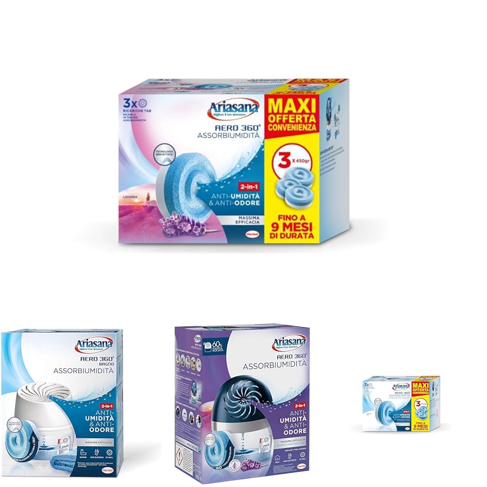 Ariasana Tripack Lavanda, Ariasana Aero 360° Ricarica per Dispositivi con Capacità ≥ 450g, Tab Profumate Assorbi Umidità, Ricarica Tab contro i Cattivi Odori, 1 Confezione da 3 Tab da 450g