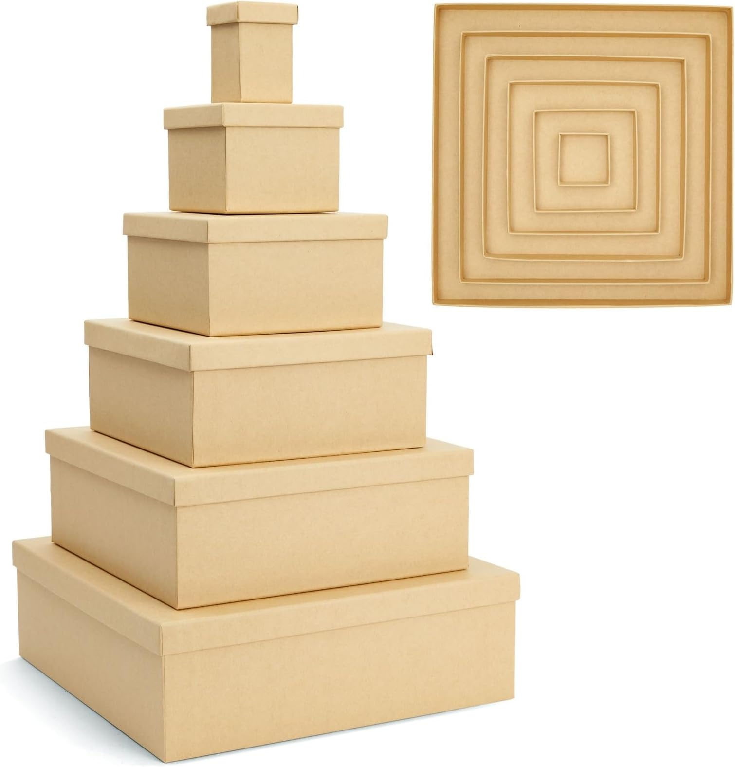 Bright Creations Nesting Boxes - 6-Pack Brown Squares With Lids, 12 x 12 to 2 x 2 In, 4 in H - Paper Mache & Square Boxes