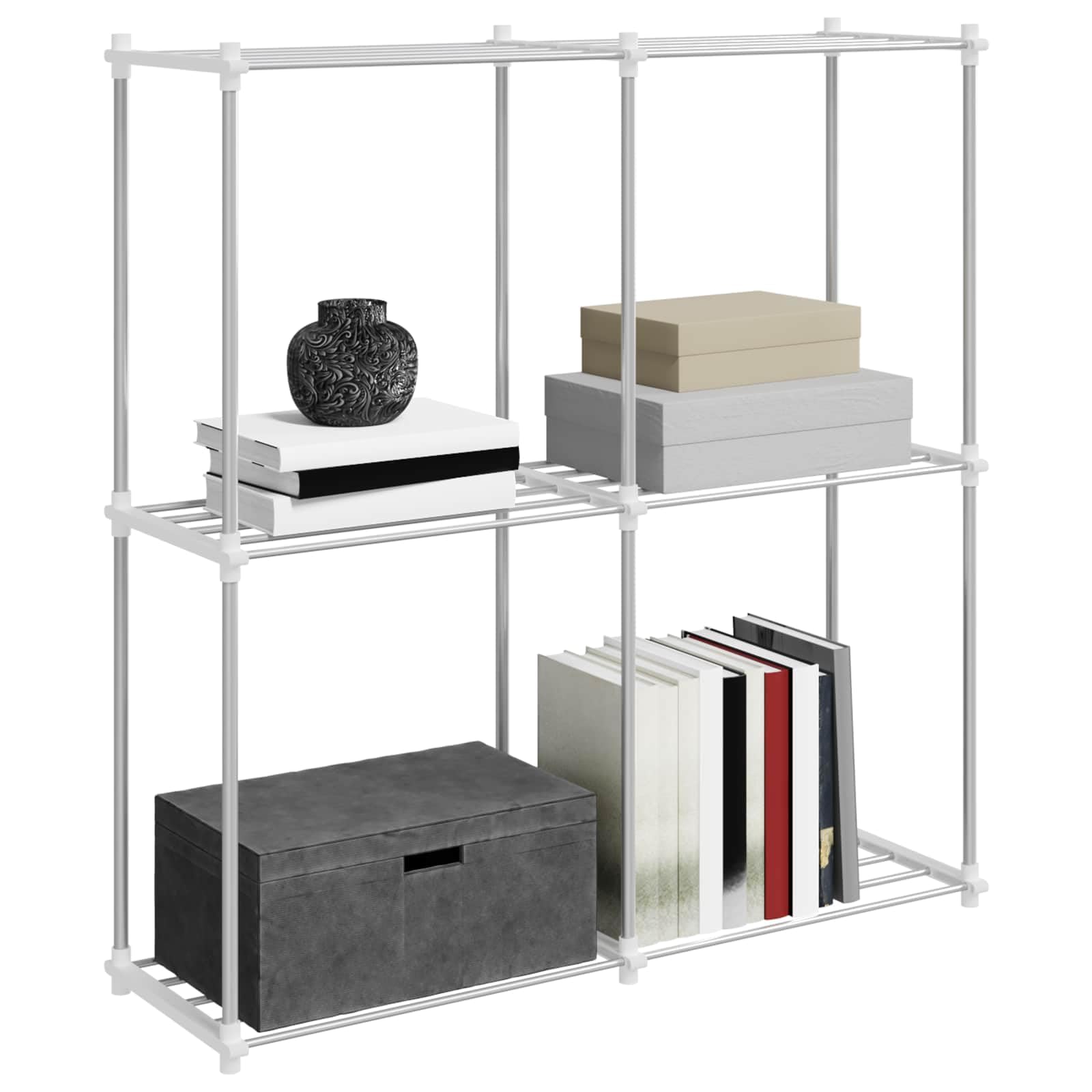 Biały, aluminiowy regał z pojemnikiem, 86 x 27 x 90 cm, stabilny, otwarty system regałów wtykowych, wszechstronne możliwości rozbudowy, do salonu, sypialni, gabinetu, piwnicy, garażu i