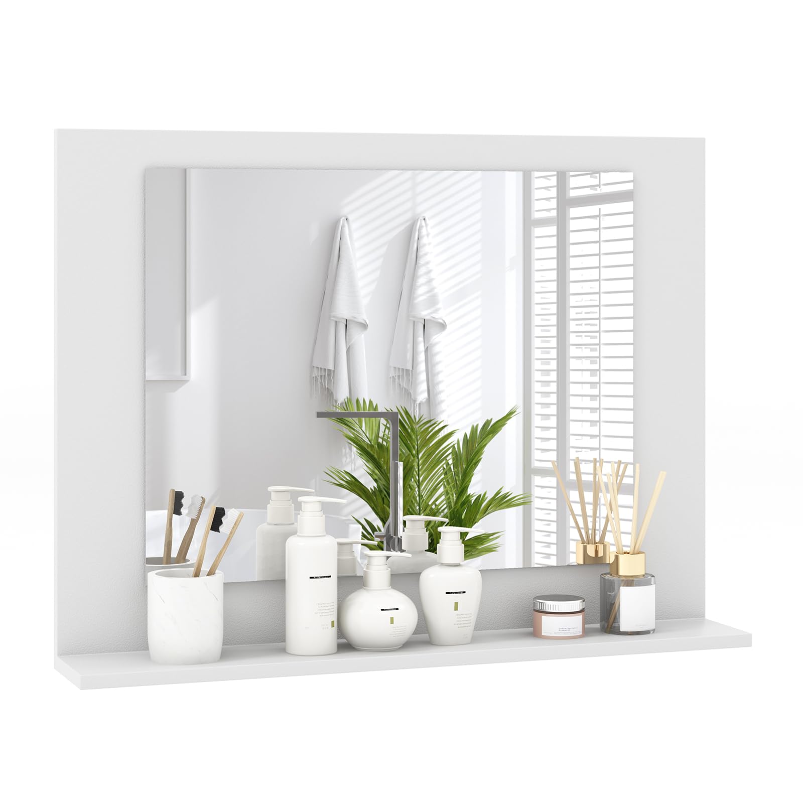 Tangkula Bathroom Mirror with Shelf, 23.5" x 17.5" Rectangle Wood Frame Bathroom Vanity Mirror for Over Sink, Wall Mounted Modern Mirror for Living