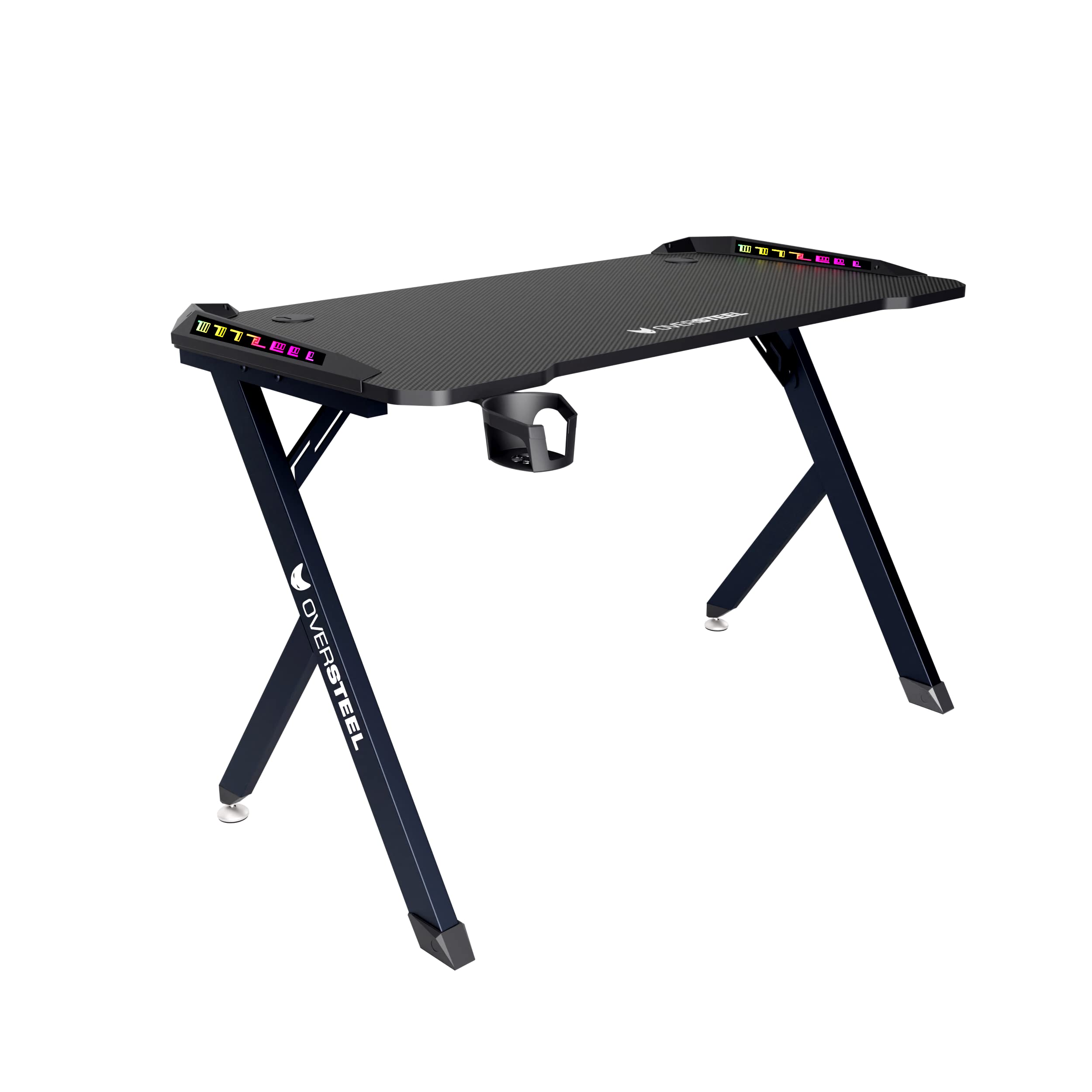 Oversteel - Vitallium Mesa Gaming 120x60x75 cm, Luz LED RGB, Superficie de Fibra de Carbono, Ergonómica, Soporte para Vasos y Auriculares, Escritorio de Ordenador, Negro