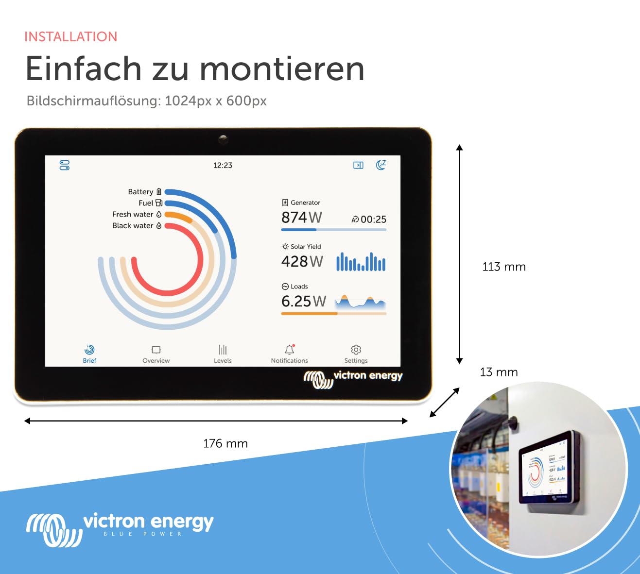 Victron Energy GX Touch 70 Anzeigebildschirm - Wasserdichter 7-Zoll Touchscreen für Cerbo GX zur Systemüberwachung und Steuerung - Einfache Montage am Armaturenbrett - Inklusive HDMI-Kabel