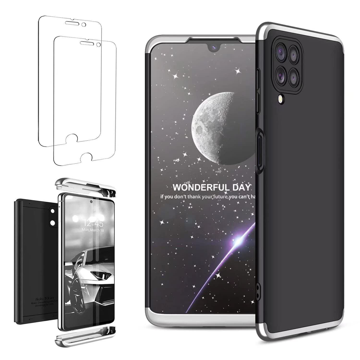 Ttianfa Case Cover for Xiaomi POCO M3 case【2】Tempered screen Protector,3 in 1 360°Protectiv Shockproof Durable Ultra Thin Silicone Matte Plating Anti-Scratch Bumper Dual Layer PC Case,Black Silver