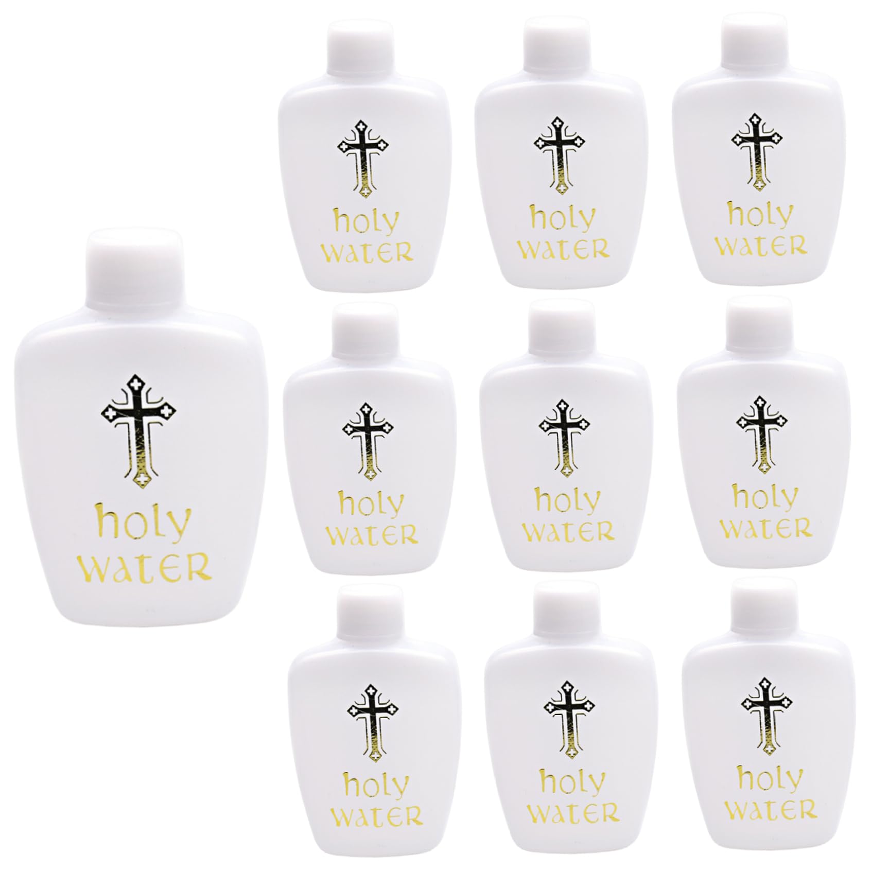 CAKEEYUM 10PCS Holy Water Bottle Catholic with Stitched Lid 60ml Plastic Holy Water Bottle with Gilded Cross & Logo Religious Container for Blessings & Parties Bott