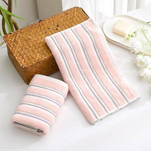 Miniatura 5 de YiLUOMO Juego de 2 toallas de mano de algodón a rayas acanaladas, color rosa, de secado rápido, suaves y absorbentes, 13 x 29 pulgadas