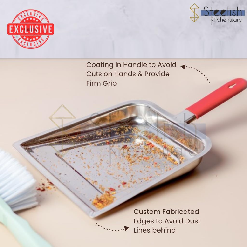 Steelish Stainless Steel Dustpan for Cleaning | Durable Supdi for Kachra & Floor Cleaning | Silver Dusting Pan with Red Handle | Rust-Resistant Kuda Supdi for Home, Kitchen - Pack of 3 2