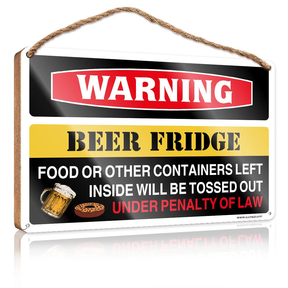 HELIOFORGE Hanging Plaque Sign Warning Beer Fridge Wooden Sign(15X28CM)