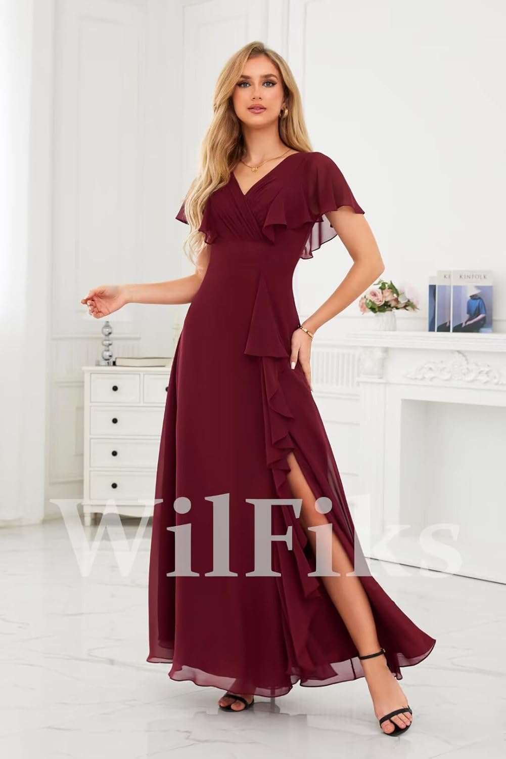 WilFiks Ruffle V Neck Bridesmaid Dresses for Women Long Ruched Chiffon Formal Wedding Guest Dress Evening Gowns with Slit - Image 5