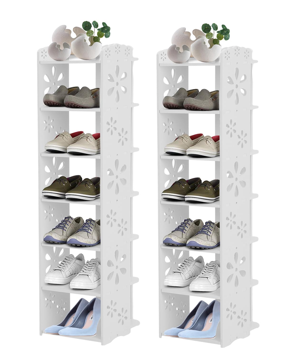2Pcs 7 Tier Shoe Rack Small Shoe Storage Organizer Tall Narrow Shoe Shelf Easy to Assemble Space Saving Hollow Carved Shoe Display Holder for Entryway Hallway Home Bedroom White