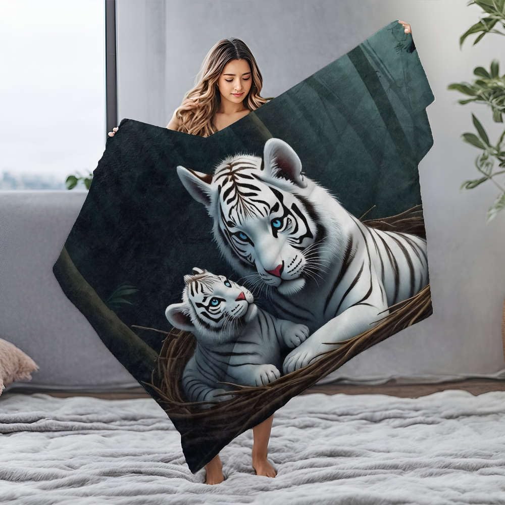 Couverture flanelle blanche tigre nid jeté de lit chaud 150x200cm
