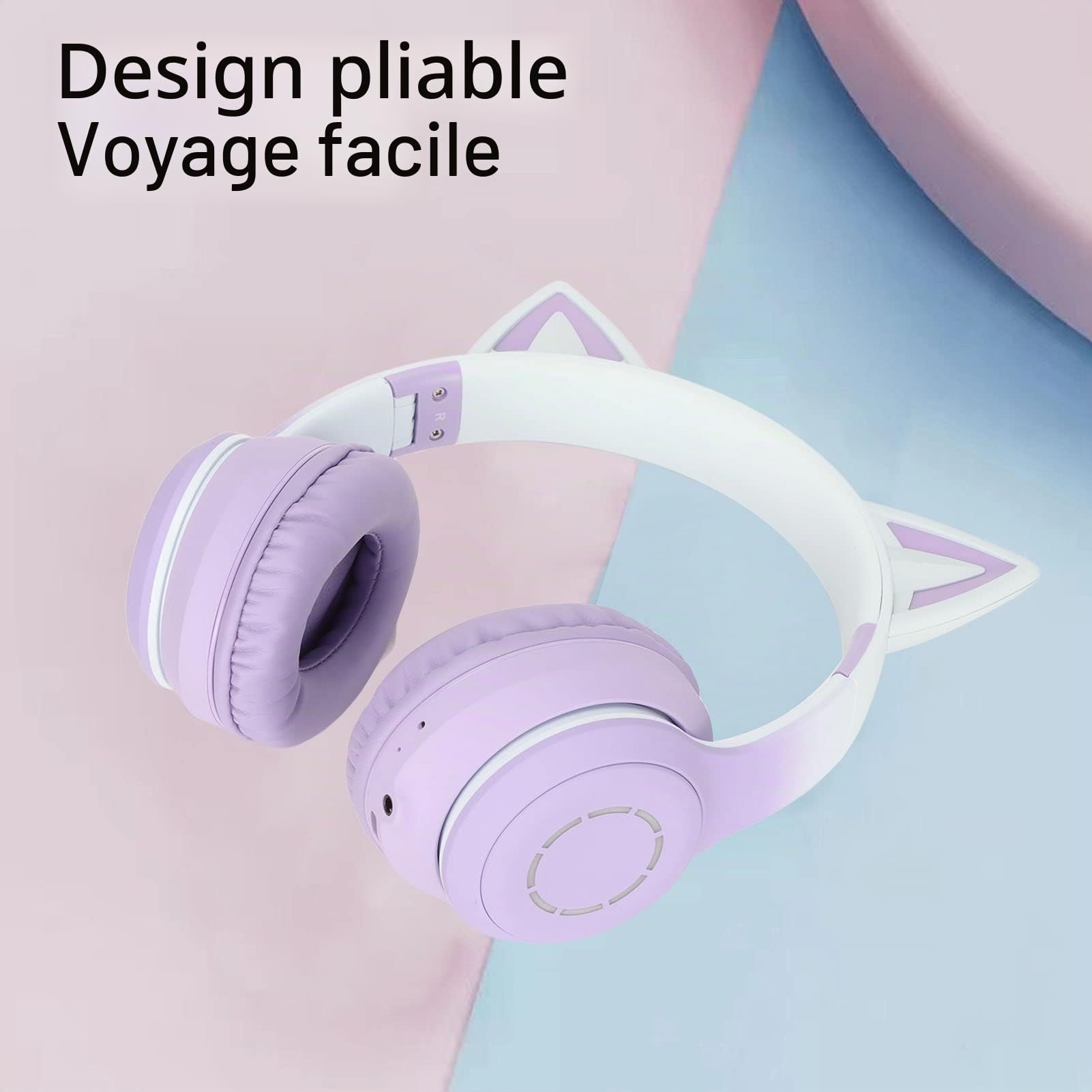 Dioche Casque Pliable Oreille de Chat Violet Casque Bluetooth Abs Oreille de Chat Bluetooth Casque de Jeu Casque de Musique Pliable sans Fil avec Lumière LED Microphone Détachable Câble (Violet)
