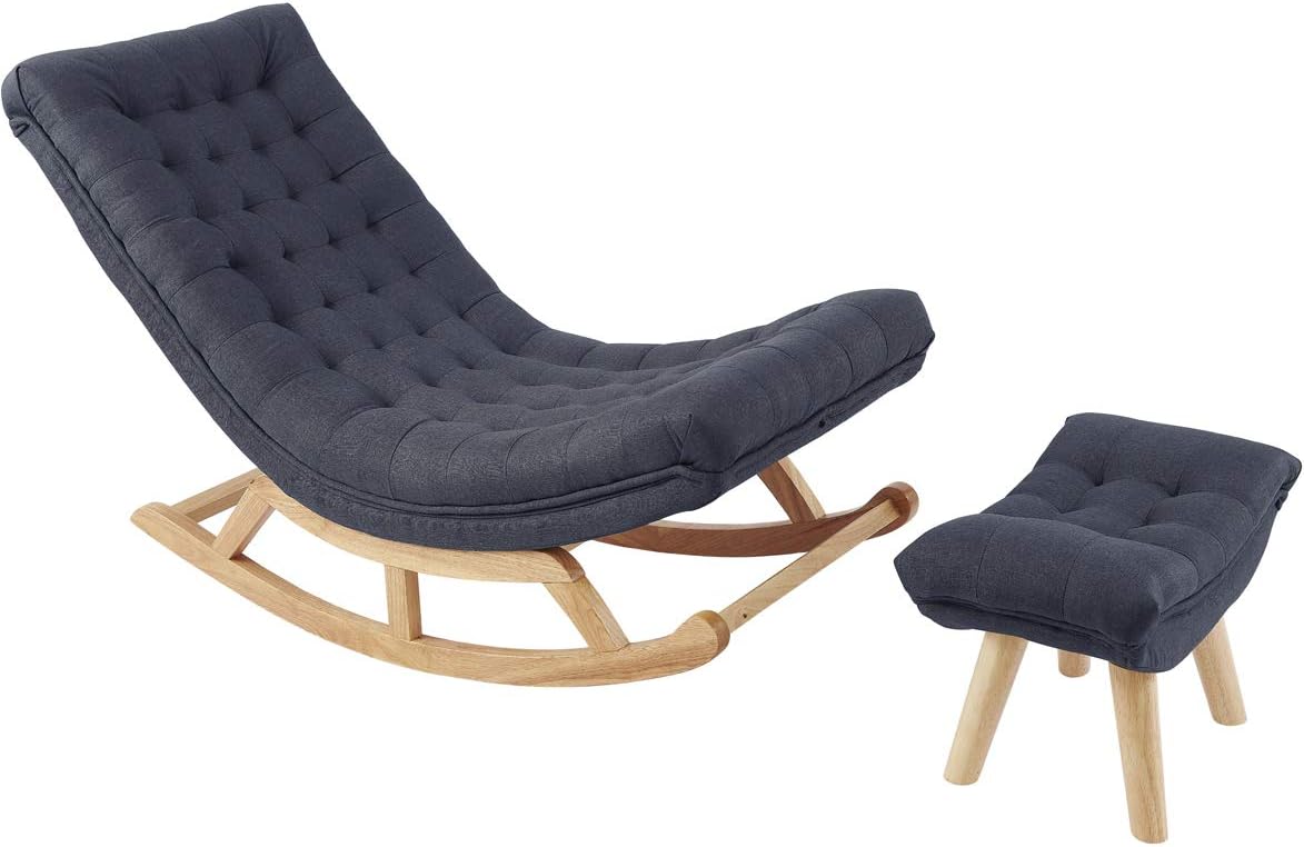 Barton Premium Rocking Lounge Chair Soft Fabric Cushion Living Room Chair Wooden Legs Footrest Chair Indoor Outdoor Use (Grey)