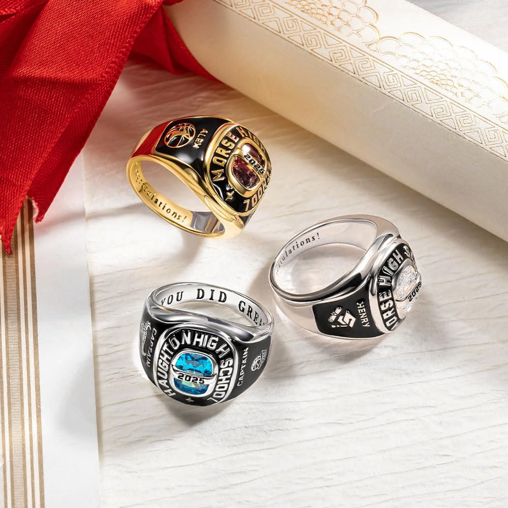 Anillo de clase cuadrado personalizado con símbolo de logotipo personalizado para hombres y mujeres, con texto personalizado, piedra natal, anillo de graduación universitaria para ella, anillo de