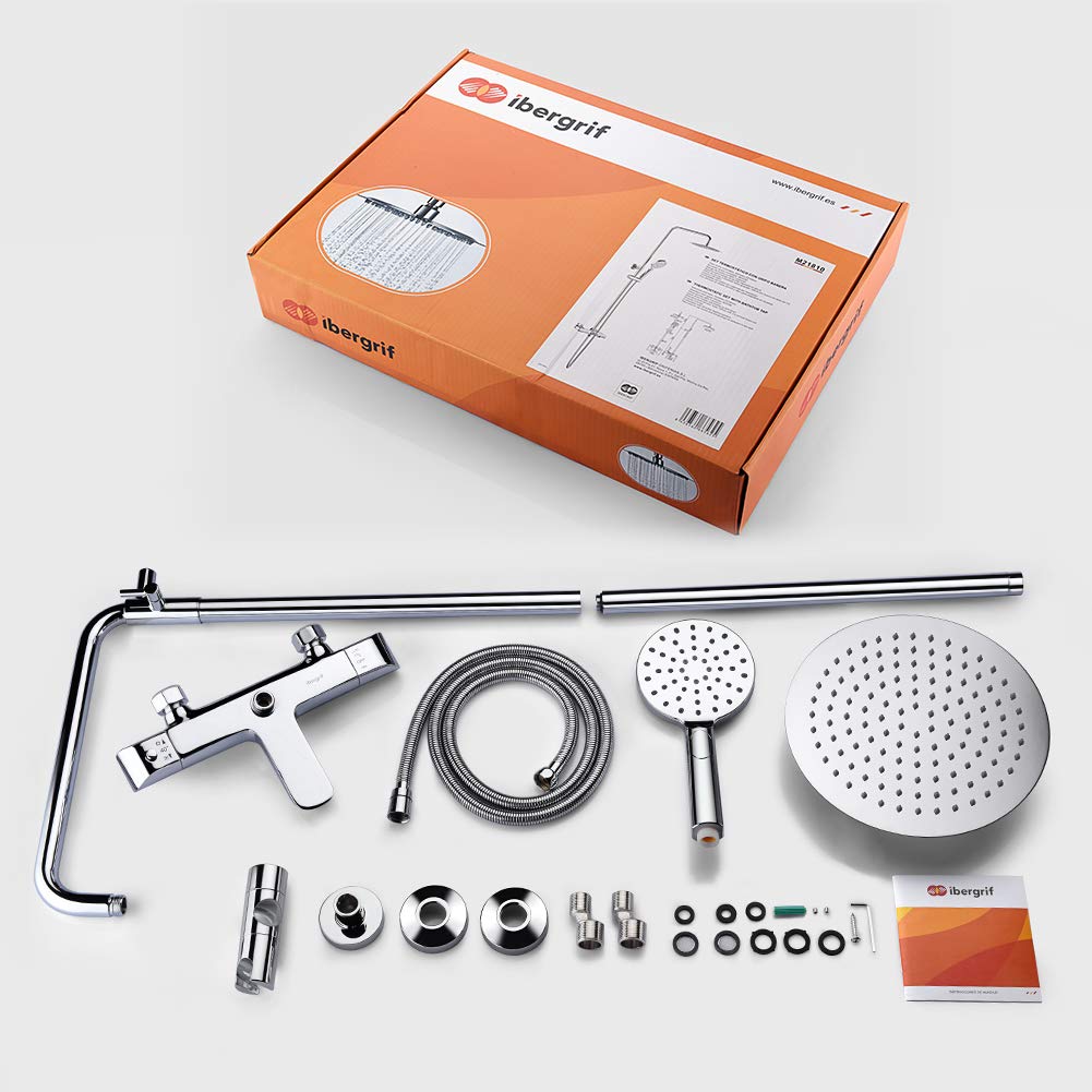 Ibergrif M21810 Columna Ducha Termostatica, Duchas de Baño Columna con Grifo, Ducha Termostatica Tres con Rociador, Alcachofa, Manguera, Barra Ajustable y Soporte, Cromo, Plata