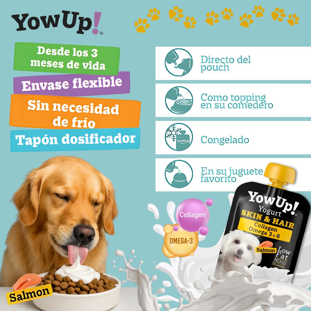 YowUp! Yogur para Perros Piel y Pelo | con Omega 3, 6 y Biotina | Pack Caja Display 10×115 g | Sin Lactosa, Sin Azúcares, Snack Funcional Saludable