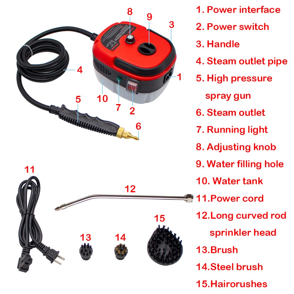 Jieotwice High Pressure Steam Cleaner for Home Kitchen Carpet Sofa Commercial Car Portable 2500W Powerful Cleaning Machine 3BAR 110V (Red)