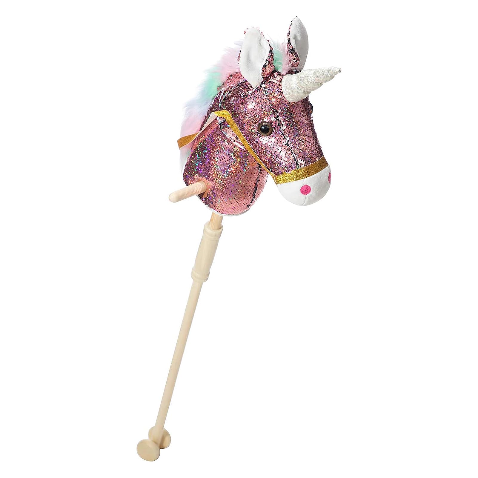 Caballo de unicornio de lentejuelas hecho a mano, caballo de pasatiempo en un palo con ruedas de madera, poni real, sonidos vecinos y galopantes, juguete de unicornio de peluche, color rosa,