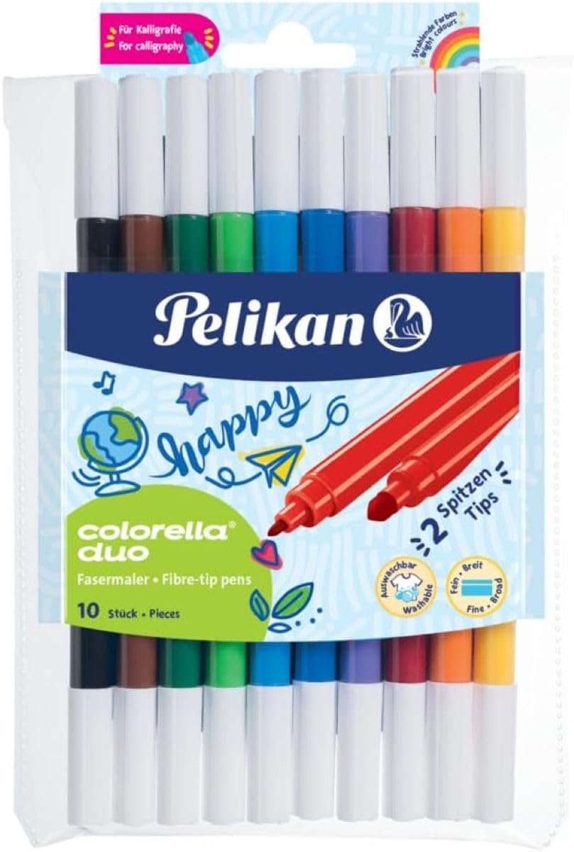 Pelikan Colorella Duo Fibre Tip Colouring Set, Pack of 10 Double-Ended Markers, Fine & Thick Points, Washable for Adults & Children