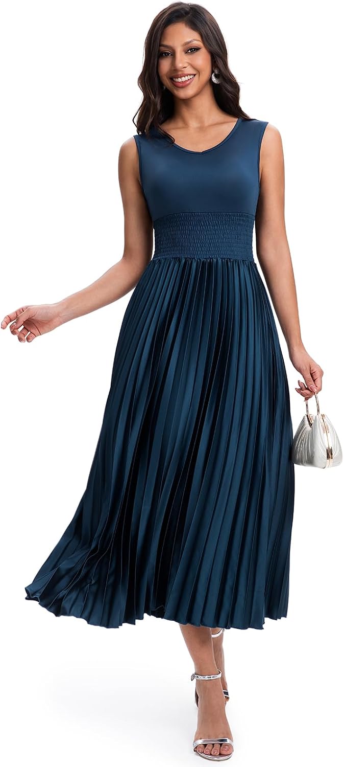 COSYOU Women's V Neck Sleeveless Smocked Waist Pleated Midi Dress Flowy Casual Wedding Guest Dresses