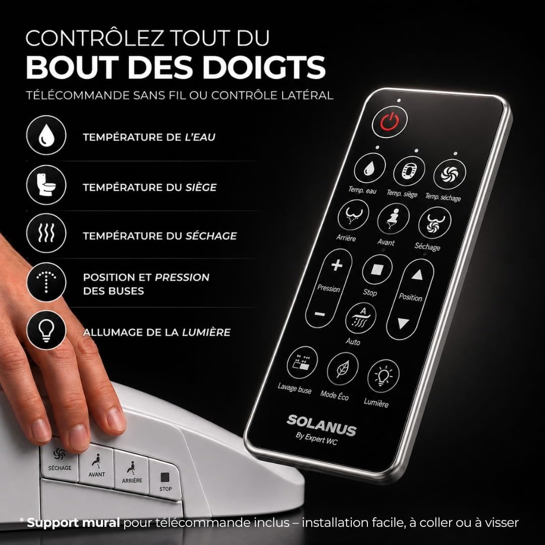 Kit WC Japonais Électrique | Siège chauffant, eau chaude, séchage à air chaud, télécommande sans fil | Installation facile & SAV français (Forme O)