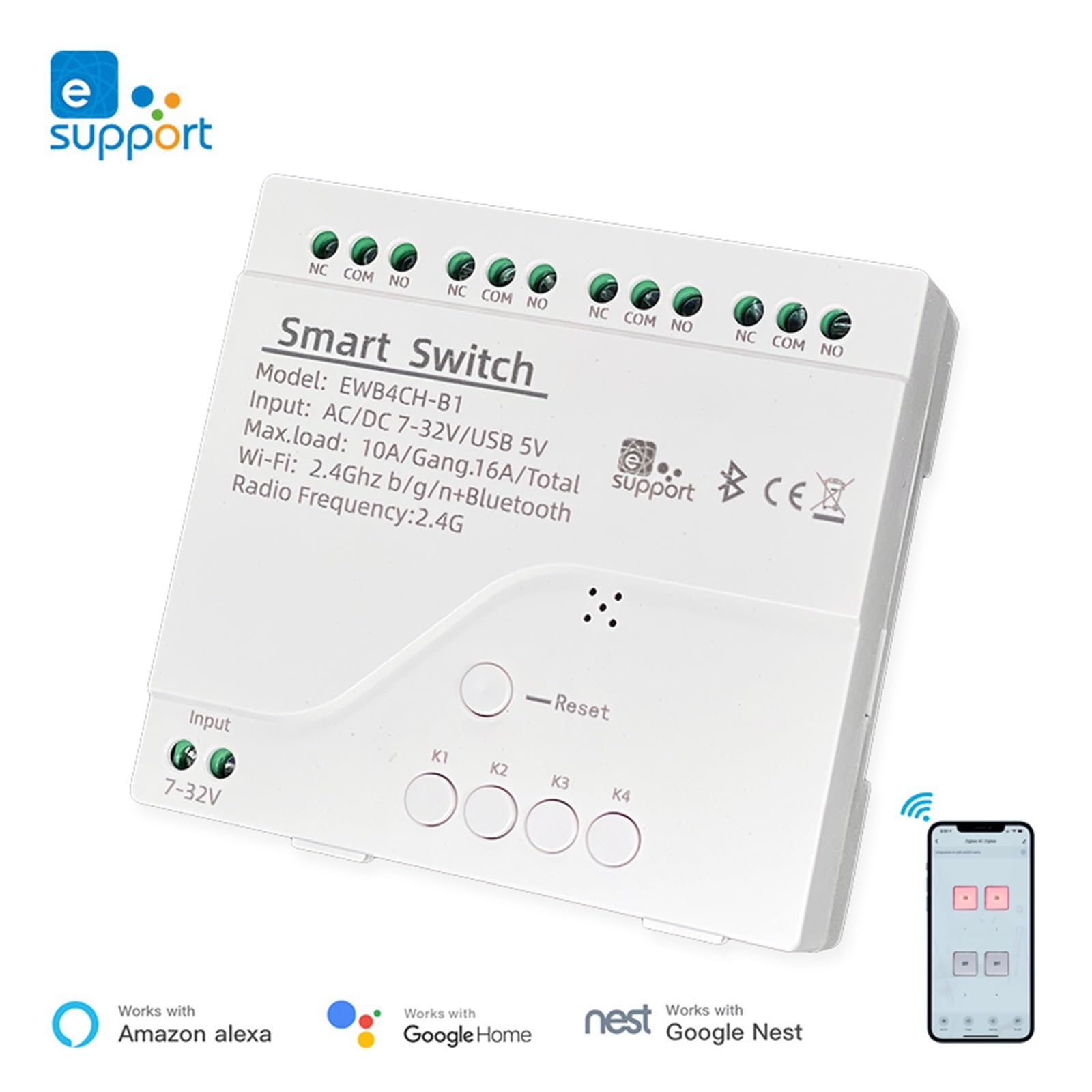 Modulo Interruttore relè a Contatto Secco Wireless Bluetooth WiFi Intelligente EWeLink a 4 canali, Telecomando App(7-32V Version)