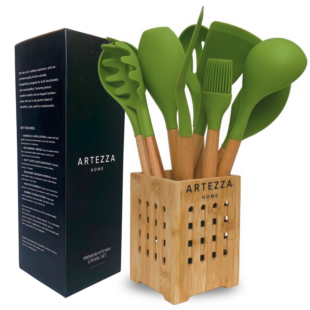 Green Silicone Kitchen Utensil Set – 10-Piece Cooking Tools with Wooden Handles &amp; Ventilated Bamboo Holder, Heat-Resistant Silicone, Nonstick Safe, BPA-Free Kitchen Gadgets Set – Sage Green
