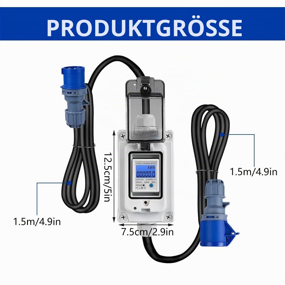 Mobiler Digitaler Stromzähler, 230V 16A Mobile Outdoor KWH Stromverbrauchsmesser mit Gummischlauchkabel Tragbar für Wohnmobile Elektrofahrzeuge mit IP67 Wasserdicht/LED/Reset