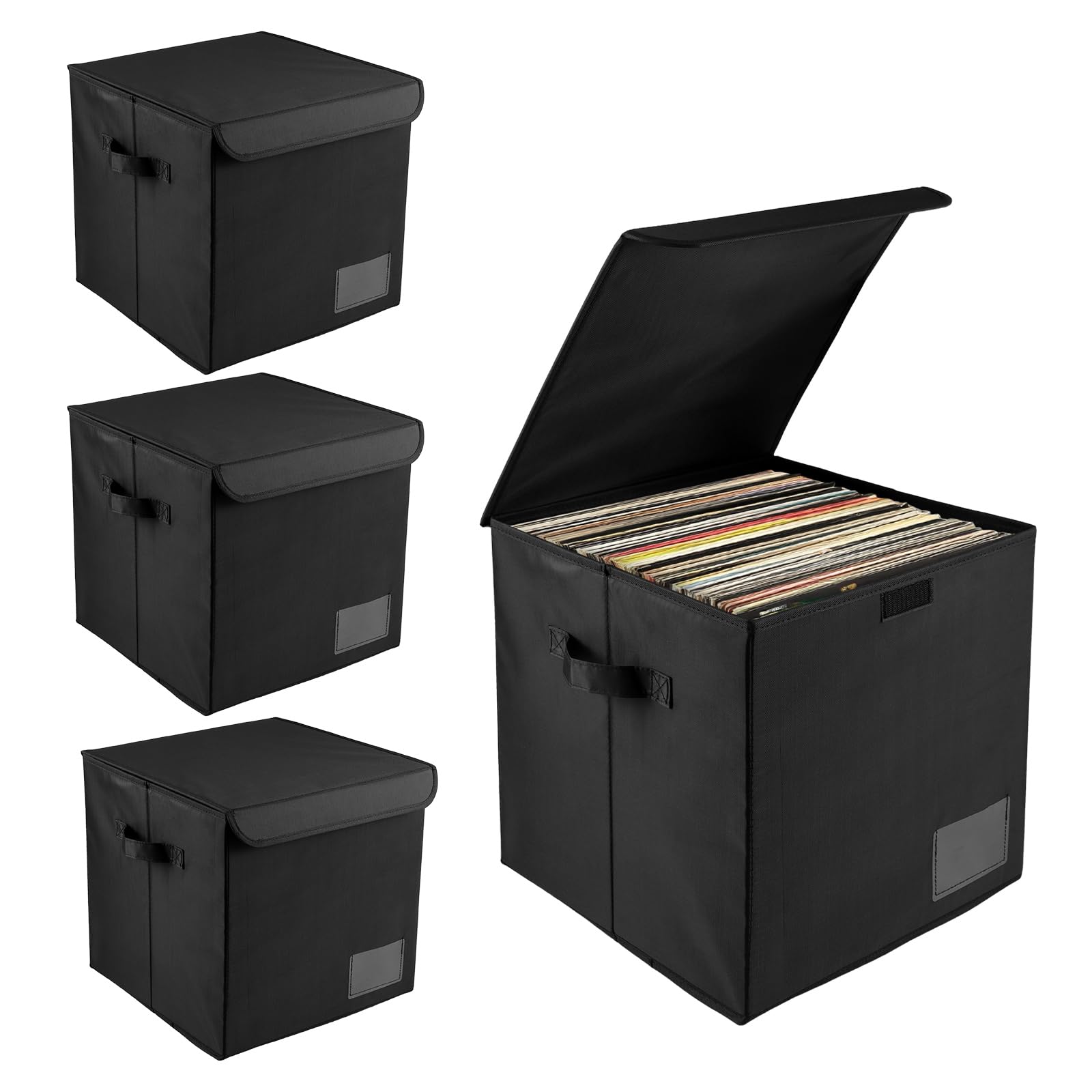 Lot de 4 Boîte de Rangement pour Disques Vinyles, Oxford Tuch Klappbar Boîtes de Rangement Pliables, 13 Zoll Schallplatten Box mit Deckel und Griffen für Wertvolles Album Collectionner