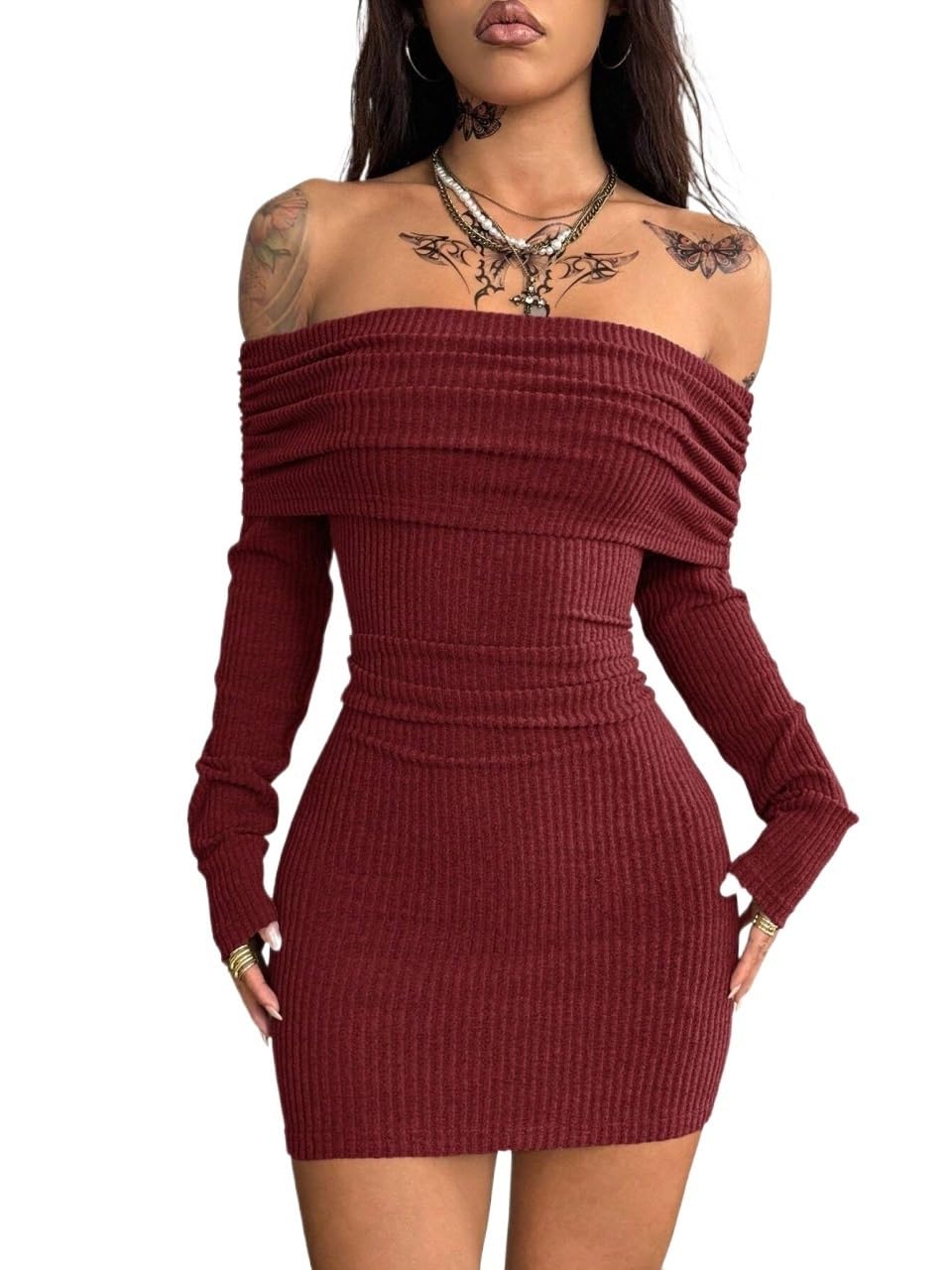 Womens Off The Shoulder Bodycon Mini Dress Elegant Rib Knit Spring Outfit For Party And Casual Wear