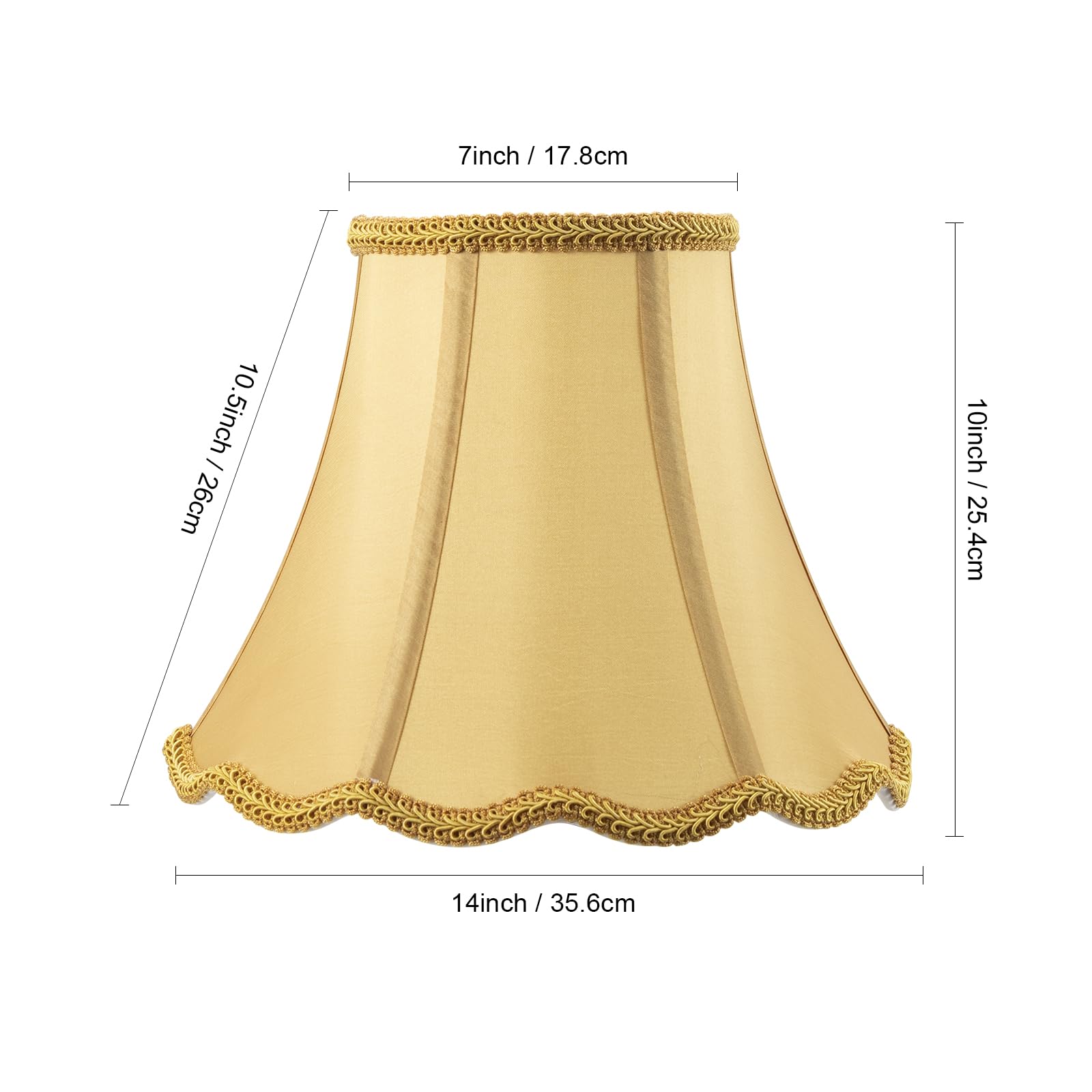 Pantalla de lámpara de campana, repuesto de pantalla de tela dorada festoneada, parte superior de 7 pulgadas x 14 pulgadas inferior x 10.5 pulgadas de altura inclinada x 10 pulgadas de