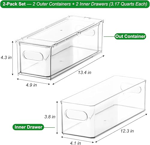 Miniatura 9 de Taiuloo Contenedores organizadores de refrigerador con cajón extraíble juego grande apilable con asa cajas de almacenamiento transparentes para