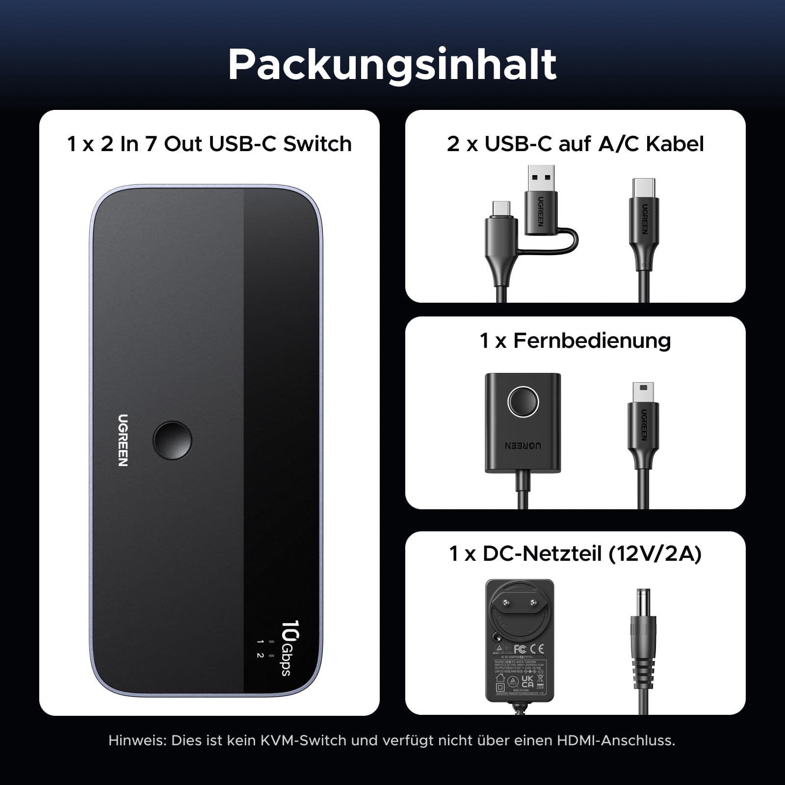 UGREEN 2 In 7 Out 10Gbps USB Switch 2 PC USB Umschalter mit 3C4A Ports, Netzteil, Fernbedienung und 2xC auf A/C Kabeln, KVM Switch kompatibel mit Mac mini M4/M4 Pro, MacBook Air M4, Windows usw.