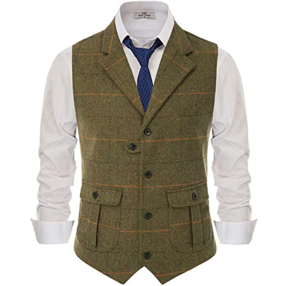 LAKKOA Herren Anzugwesten, Vintage Karo Tweed Anzug Weste Herren Kariert Mit Fischgrätenmuster Business Westen Braun Einreiher Ärmellose Weste Anzug Weste Hochzeitsfeier,XL