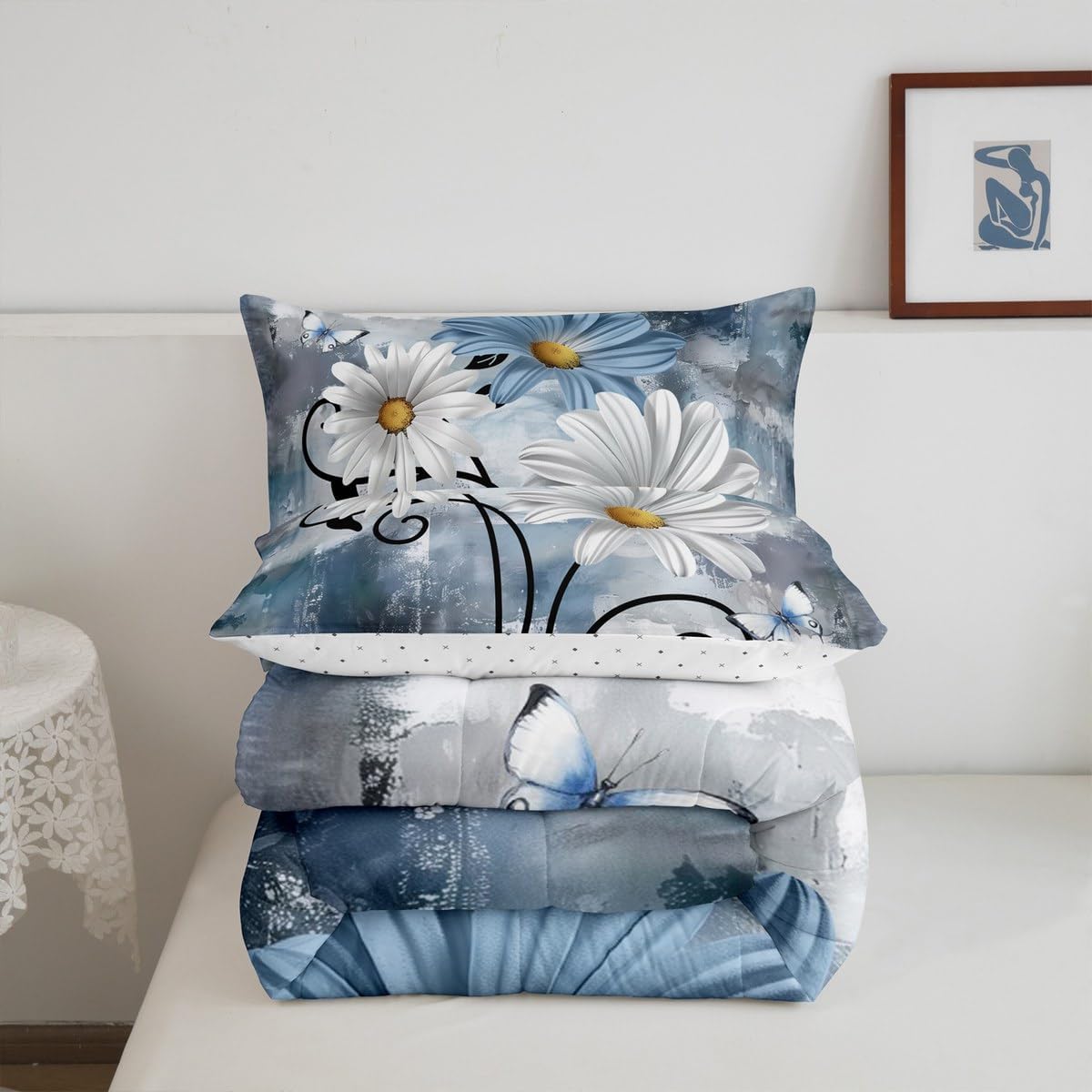 Teal Bedding Set Farmhouse Flower Comforter Set Rustic Farm Blue Floral Down Comforter Queen,Kids Adults Men Women Daisy Country Wooden Quilt Duvet for Oil Painting Room Decor,Blue Turquoise